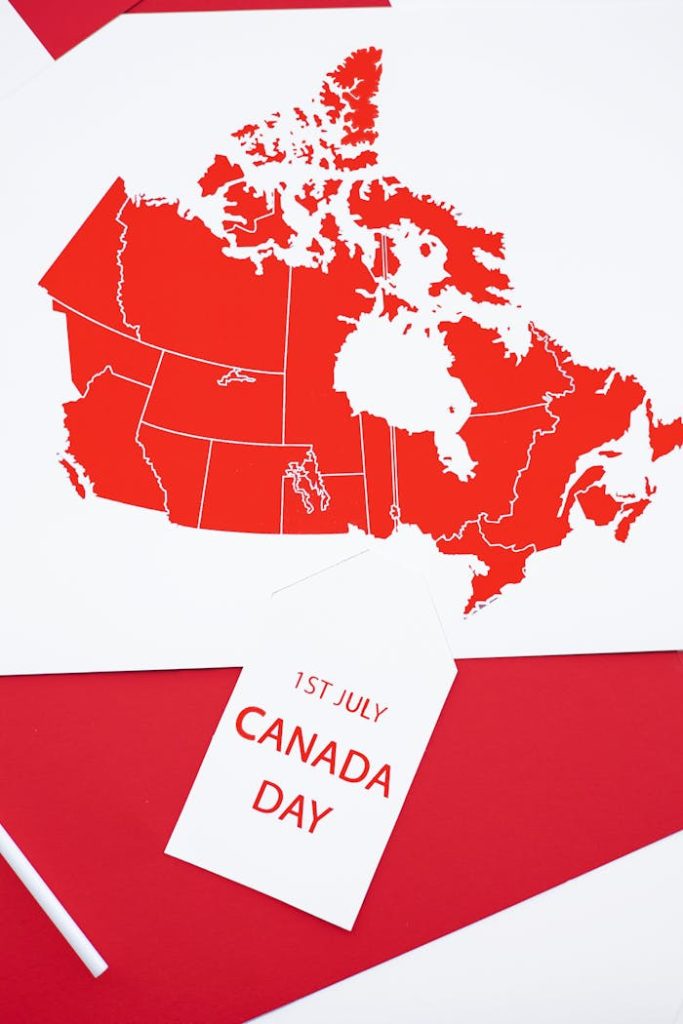 Red and white Canada map design celebrating Canada Day on 1st July.