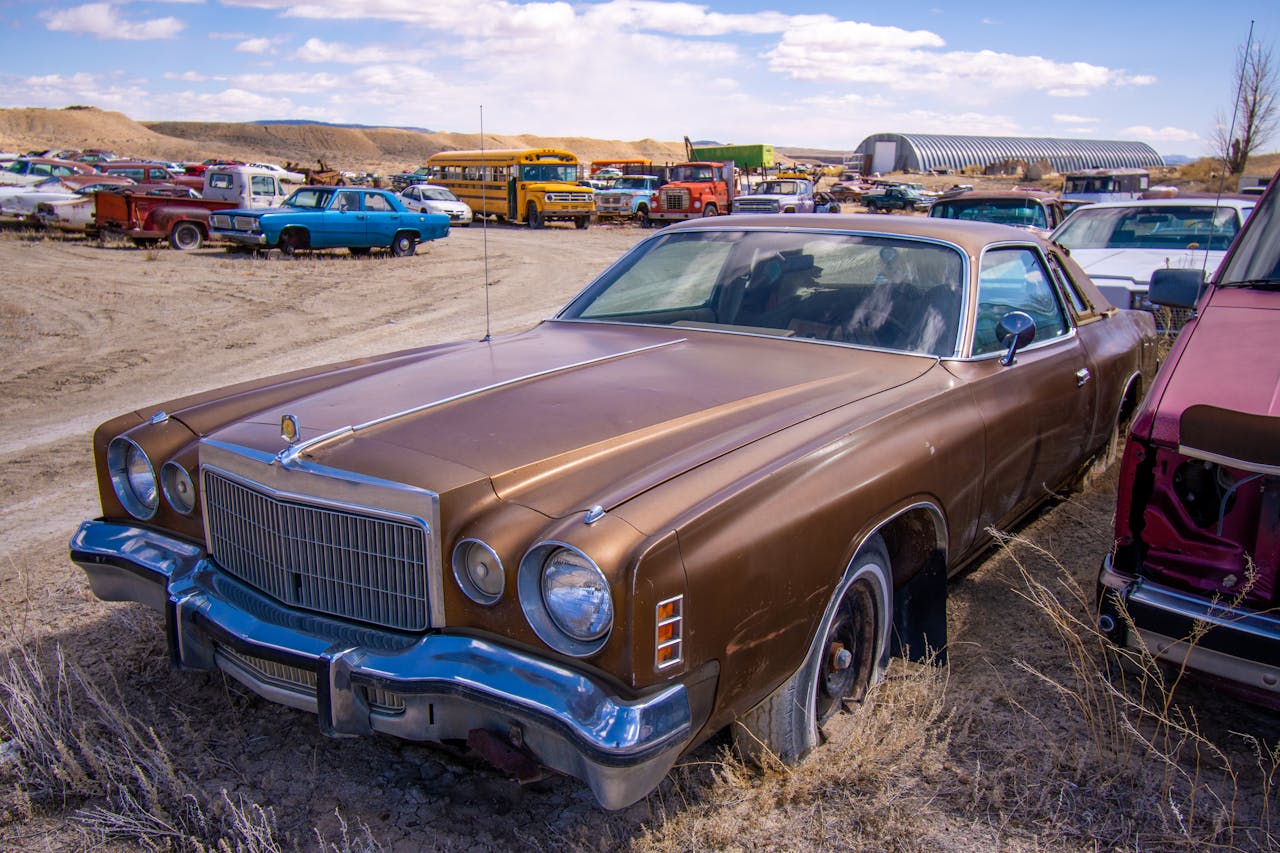 Explore a collection of vintage cars in a rustic junkyard, showcasing automotive history.