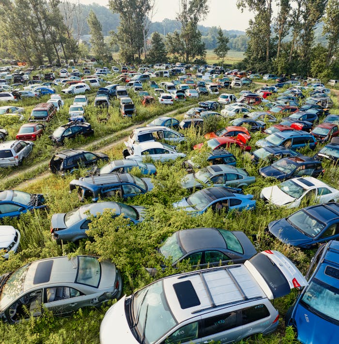 Aerial view of abandoned cars in a grassy junkyard, depicting decay and neglect.