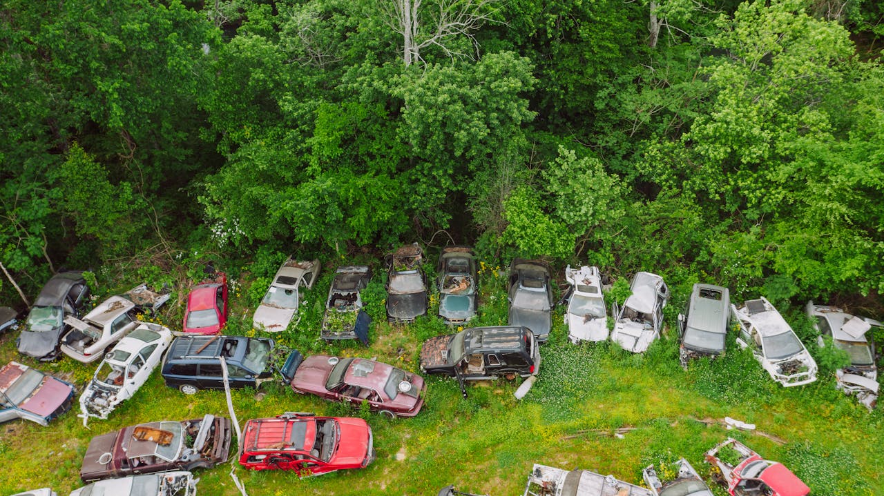 A drone shot capturing abandoned vehicles in lush green forest landscape.